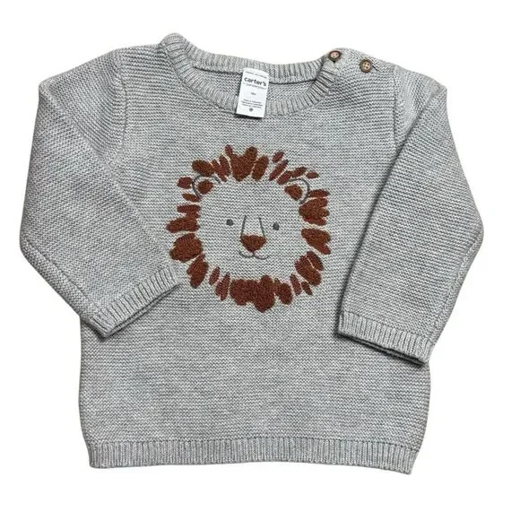 Carters Baby Gray 3D Knitted Lion Jungle Retro Modern Knit Sweater Size 18M - Picture 1 of 7